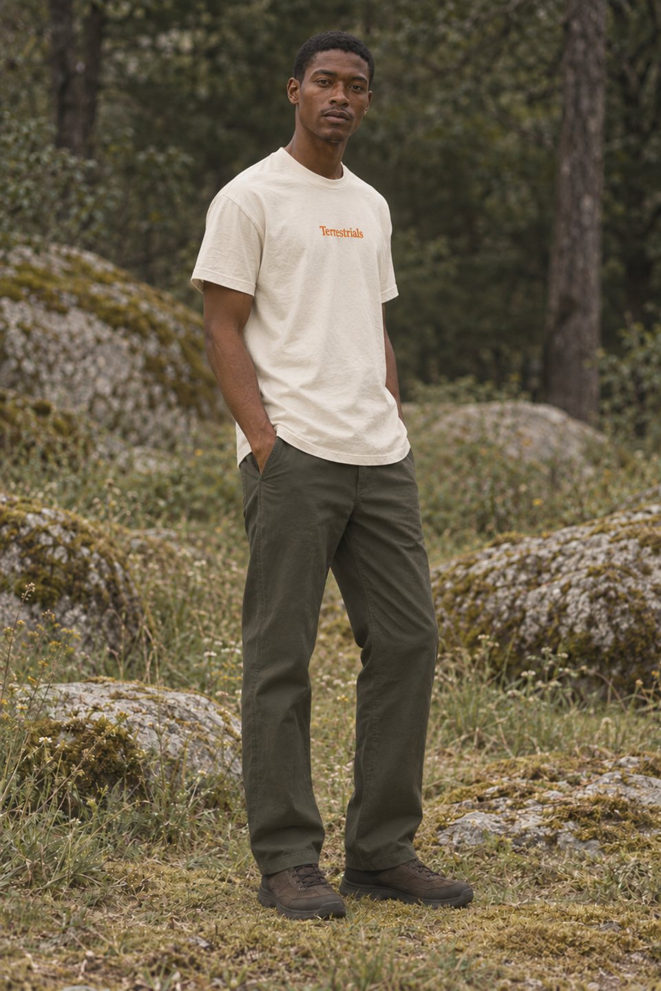 Model wearing a cream Terrestrials shirt in a woodland setting